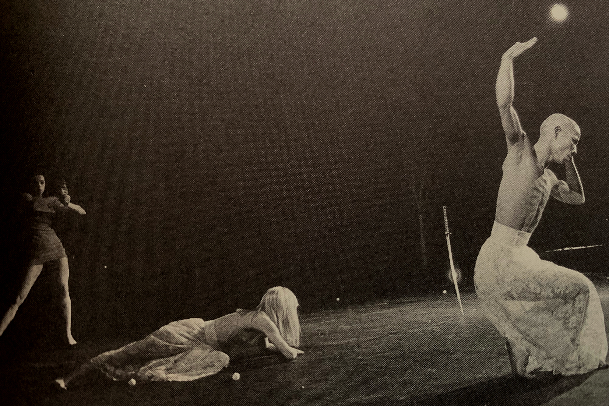 Jordan (on left in the dress and heels) performing with Poppo, on right, in A New Model of the Universe in 1986.