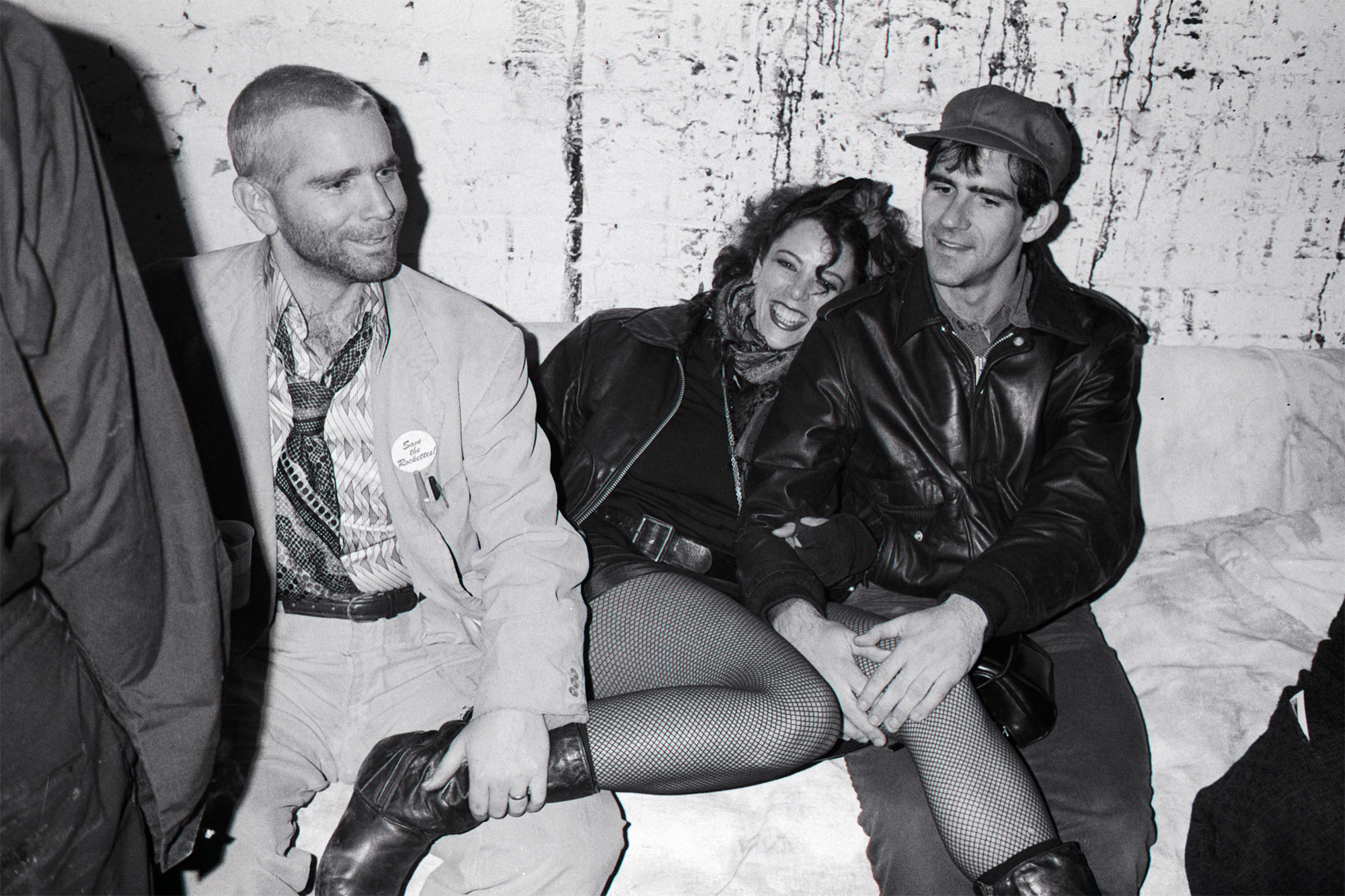 Jordan on Halloween 1985, with boyfriend/artist photographer John Schlesinger on the right and 8BC club co-owner Dennis Gattra on her other side. Photo by Tom Warren.